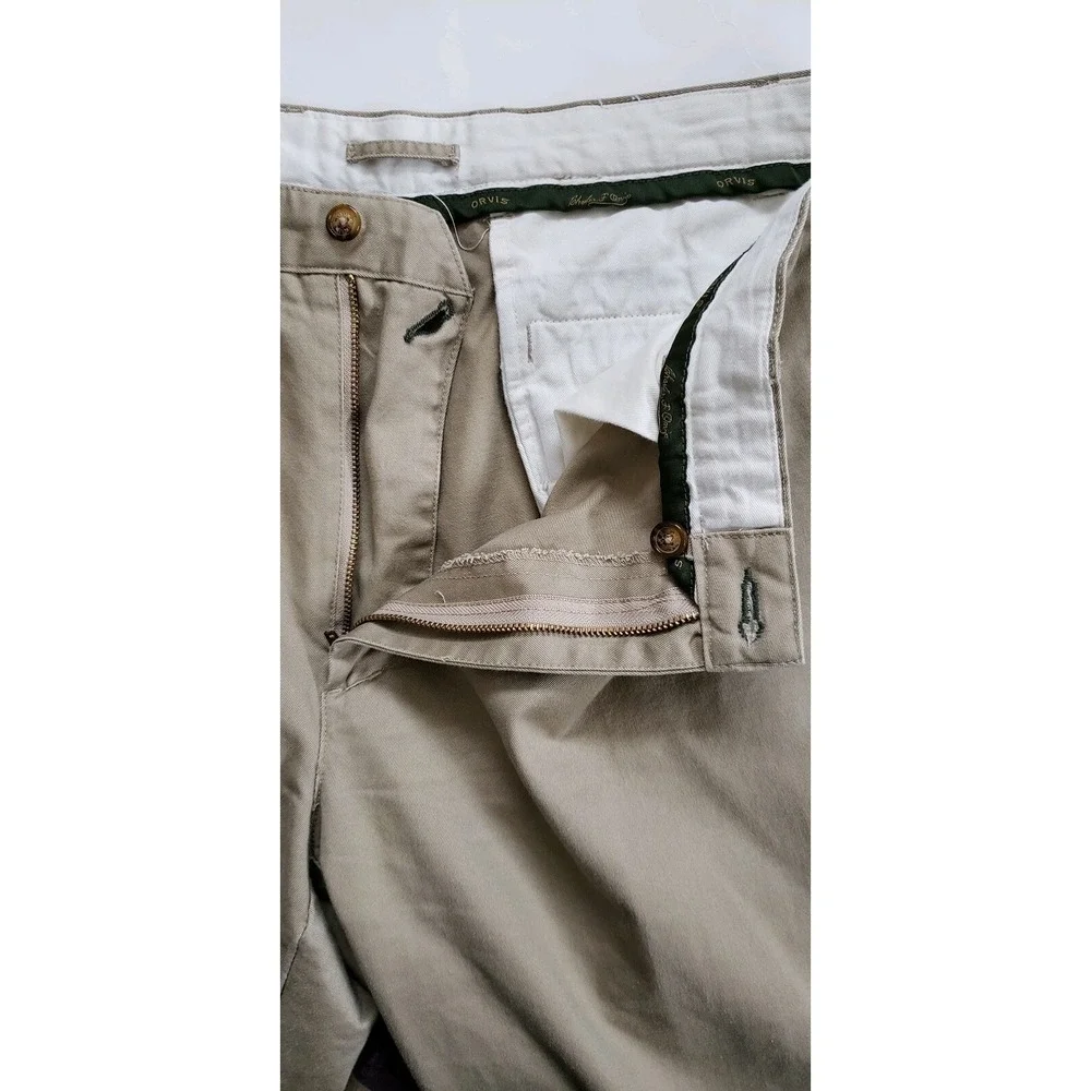 Orvis Mens Dress Pants Kight‎ Khaki Zip Fly Pockets No Cuff Pleated Cotton 40